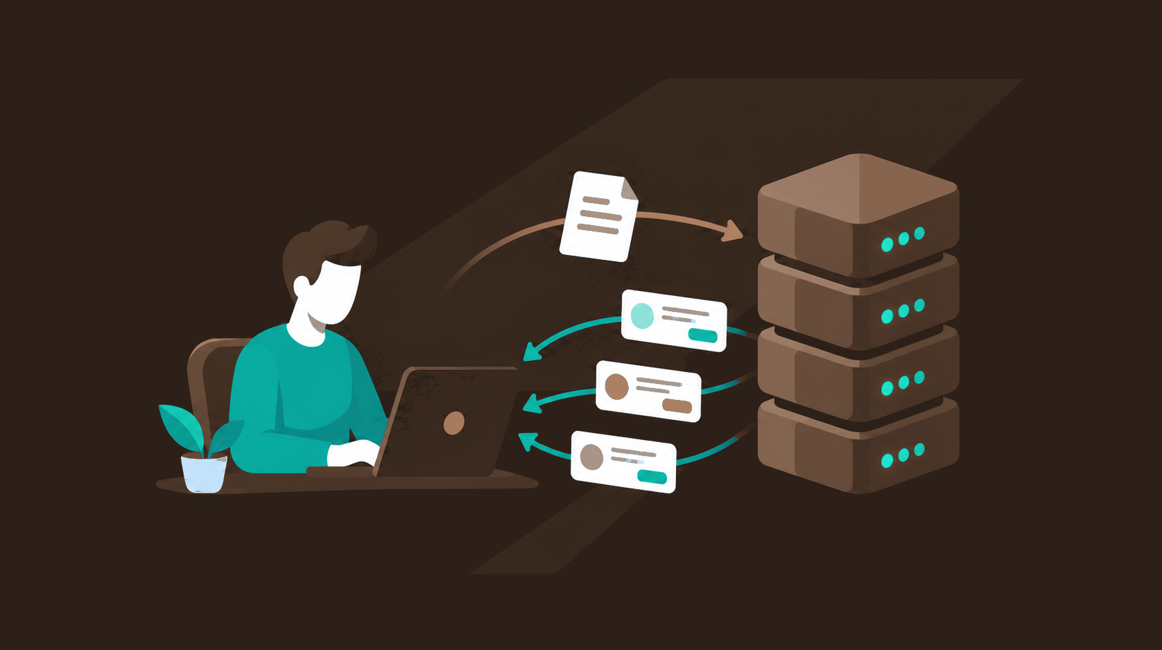 A buyer at a laptop sends one request to a VPS server stack and several quotes come back